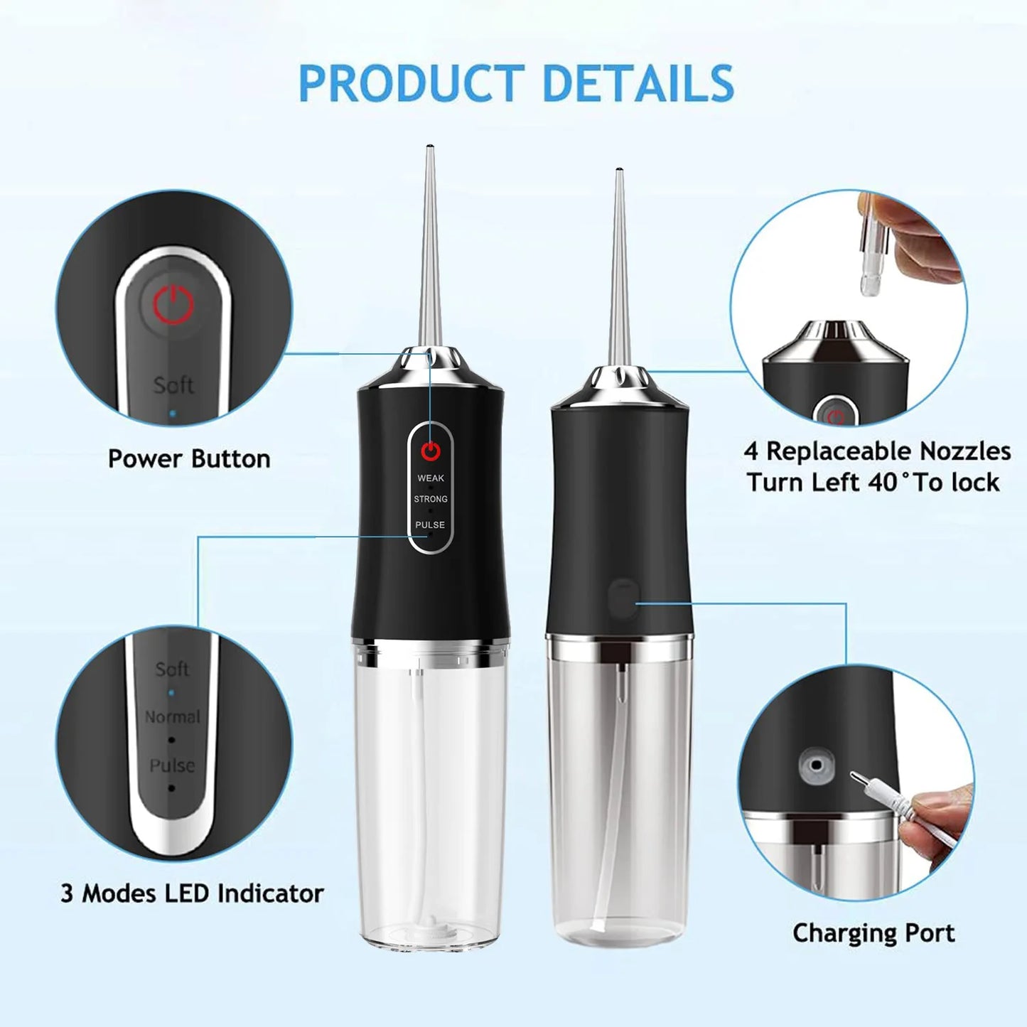 Water Dental Flosser Teeth Picks - 4 Jets 3 Modes Portable Cordless Water Flosser for Teeth Cleaner, IPX7 Waterproof Oral Irriga
