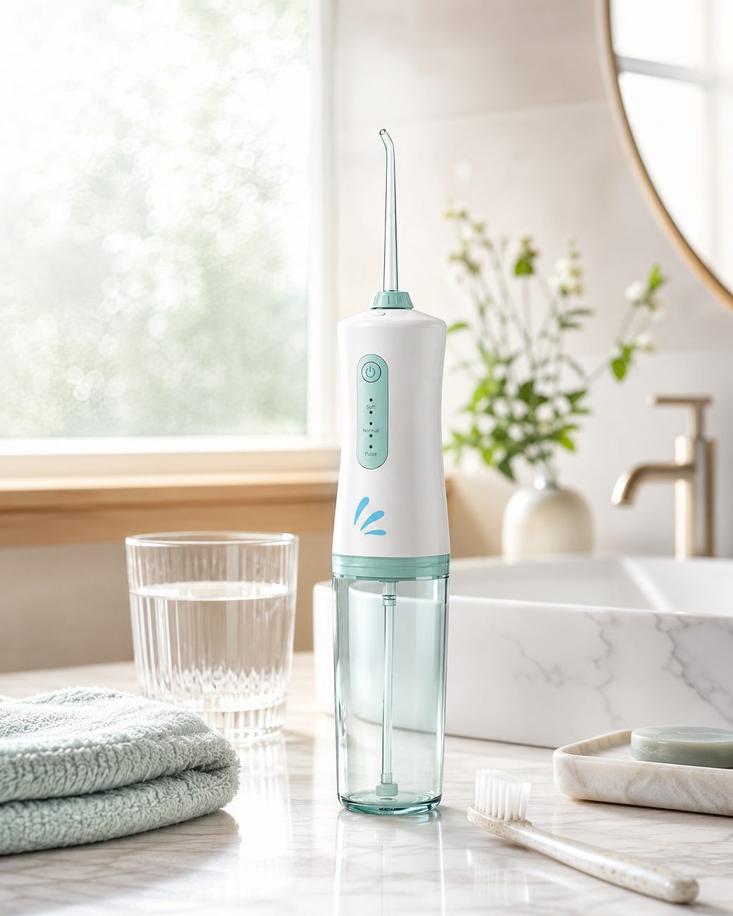 Streamline Water Flosser on bathroom counter