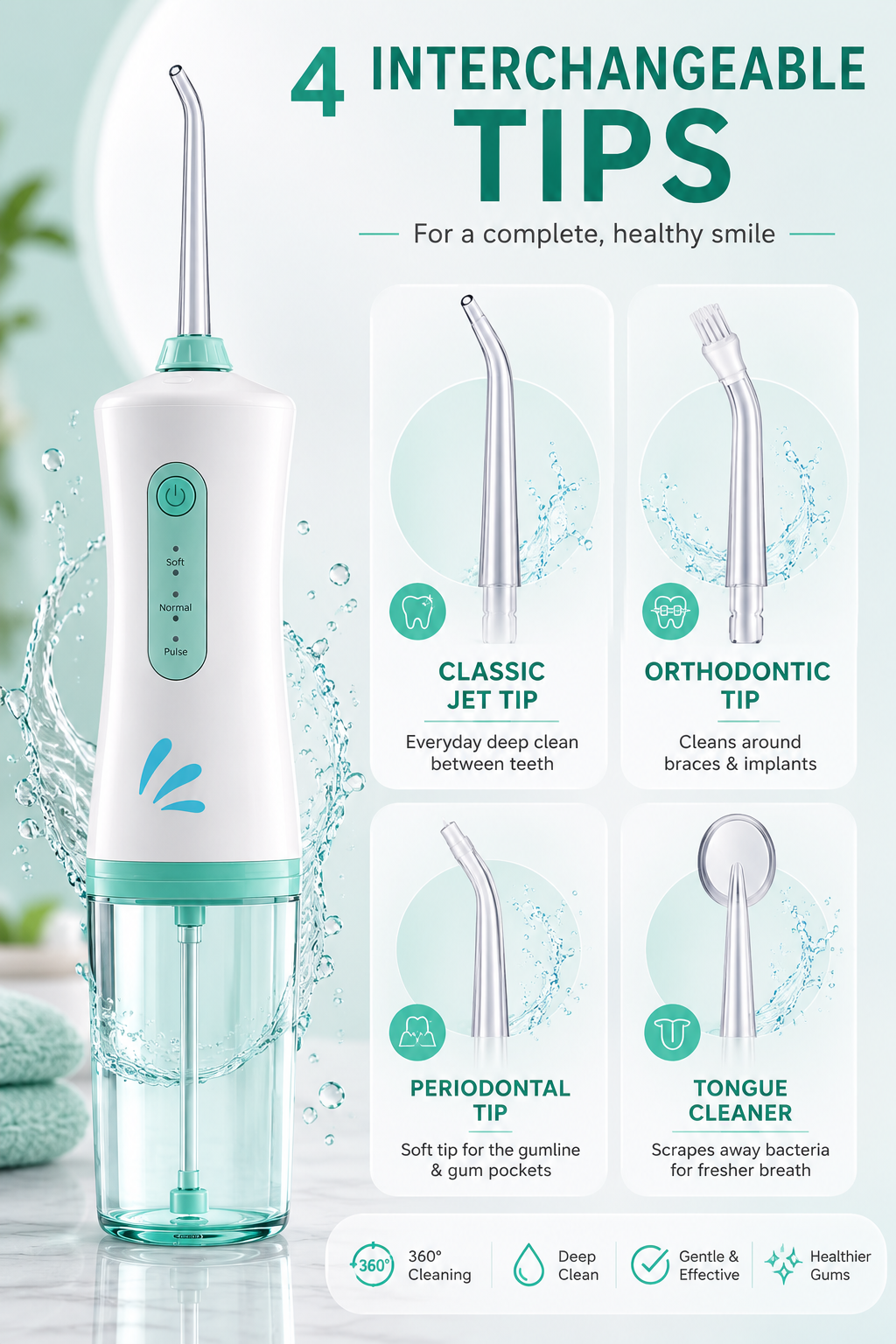 Streamline Pro Flosser — 4 interchangeable jet tips: Classic, Orthodontic, Periodontal, Tongue Cleaner